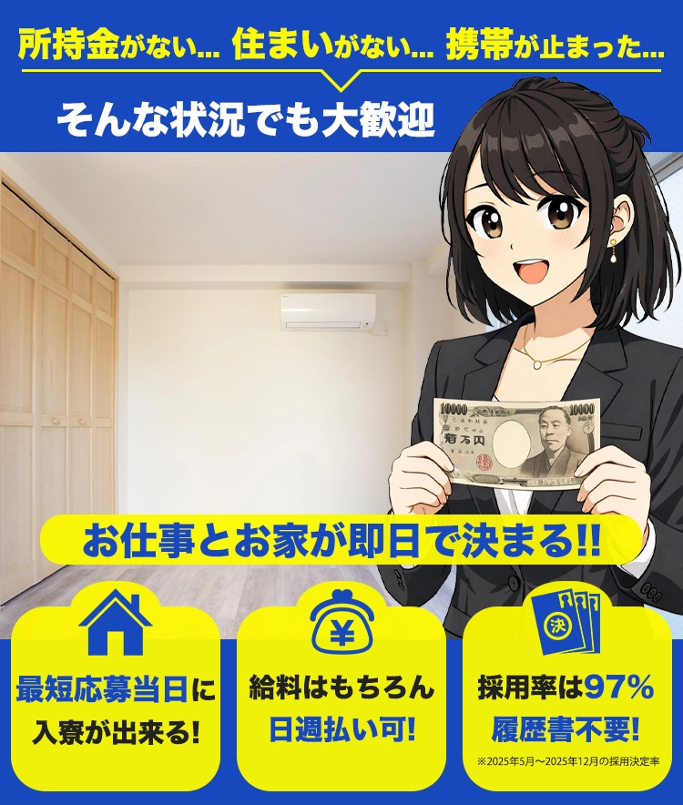 所持金がない...住まいがない... そんな状況でも大歓迎 お仕事とお家が同時に決まる！！ 最短応募当日に入寮が出来る！ 給料はもちろん日週払い可！ 採用率は97%履歴書付不要！
